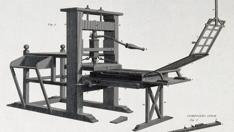 Grabado histórico de una prensa de imprenta